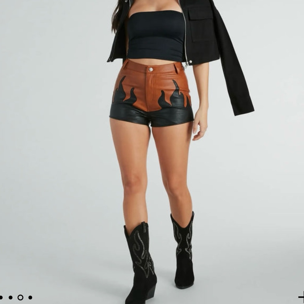 Brown and Black Women's Leather Flame Shorts